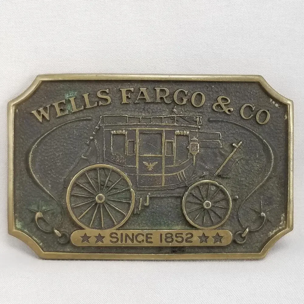 Vintage Belt Buckle 1970s Solid Brass Wells Fargo & Co Since 1852 Wagon USA Made